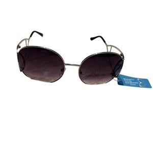 NWT Sunglasses Black Silver Wire Frames UV400 Sun Protection Retro 70s vibe